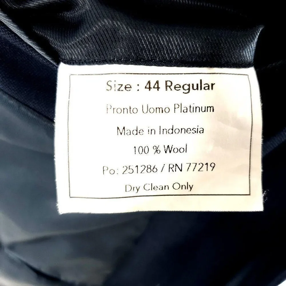 Pronto Uomo Platinum Wool 2 Button 2 Piece Suit 42S Blue 39/30 Flat Front Mid Ri